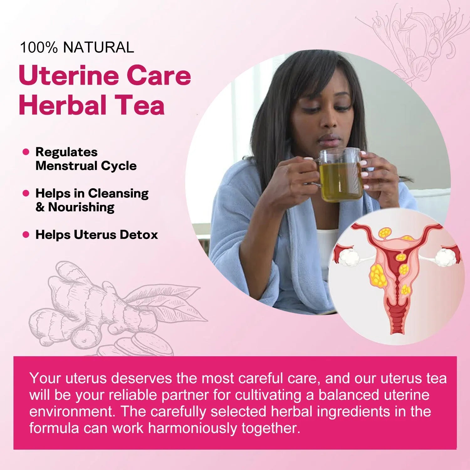 Bottle of uterine care herbal tea with 30 tea bags, GMP and HALAL certified, for women's daily wellness