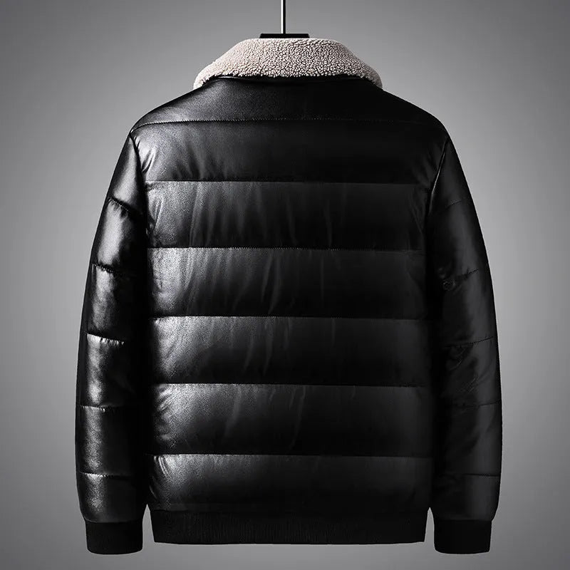 Men's thickened PU leather winter jacket with lapel collar in black, shown front view on model