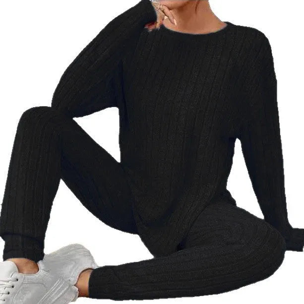 Women's black sunken stripe pattern long sleeve top and trousers two-piece loungewear set