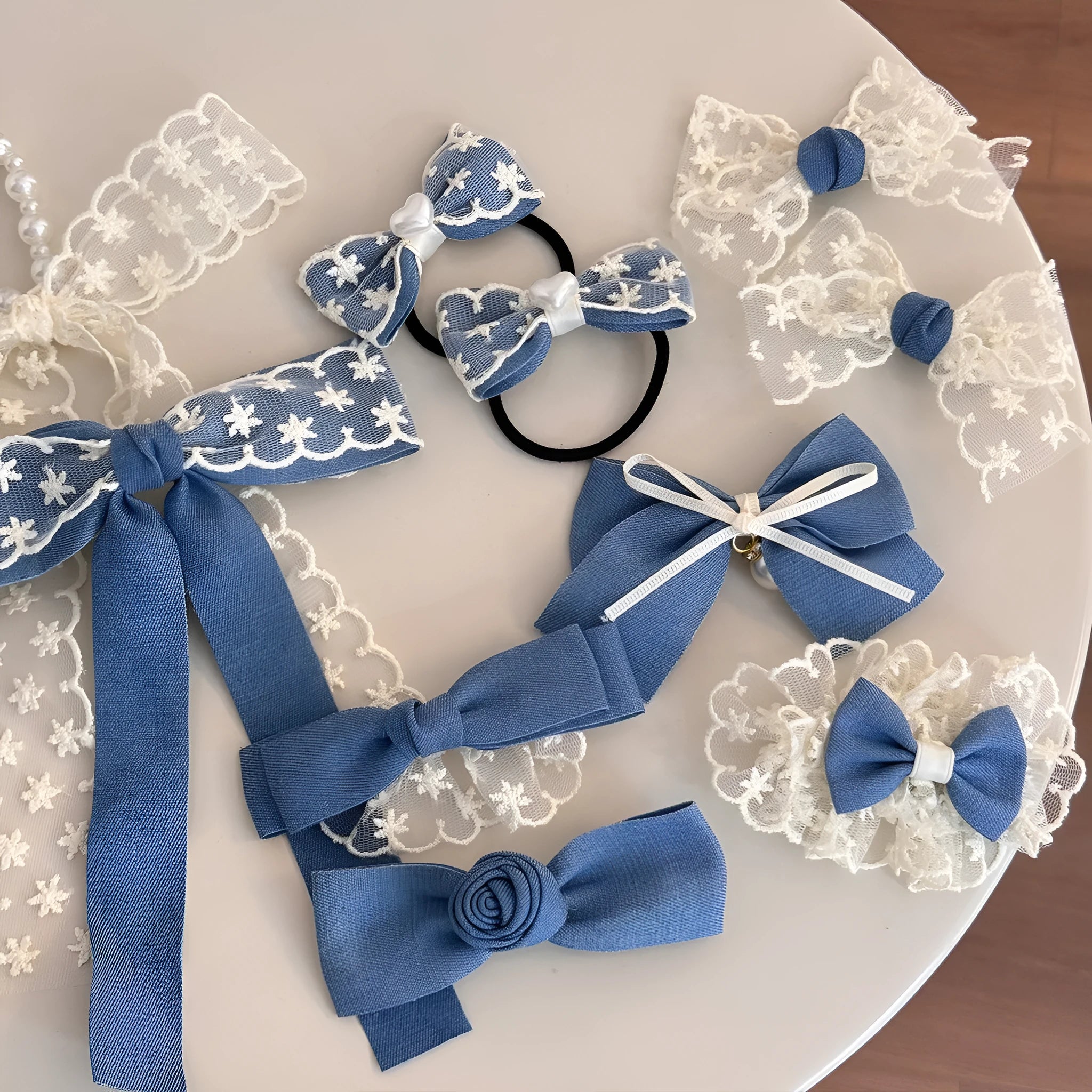 Cloth hair barrettes for women in pastoral style with beige lace and blue bow options