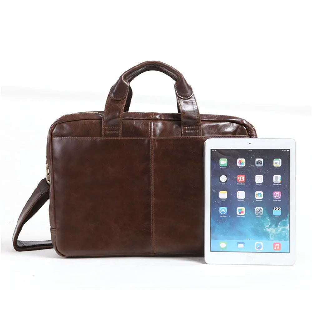 Brown men's business briefcase made from first layer cowhide leather with 18-inch size