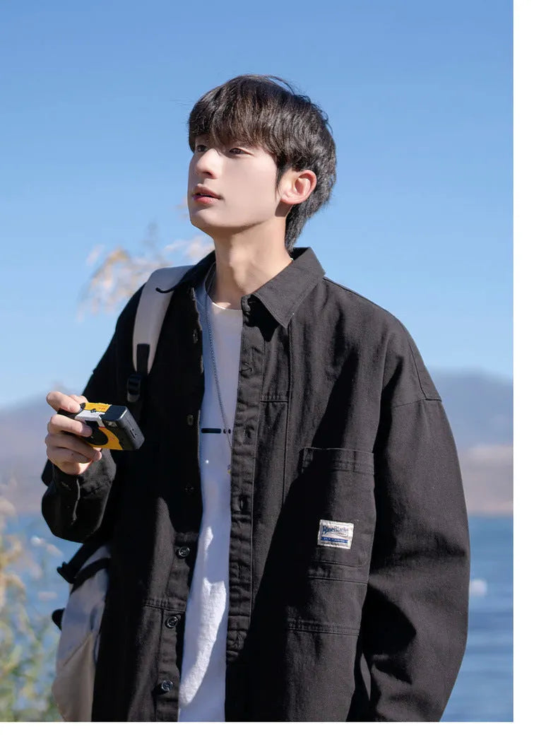 Men's loose fit 100% cotton work shirt jacket in Black, with square collar and button front