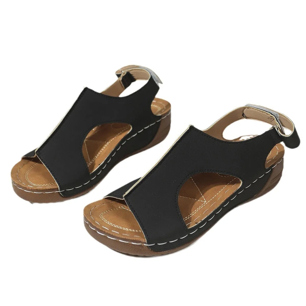 Women's plus size wedge sandals with Velcro strap, round toe, PU upper, in light brown colour