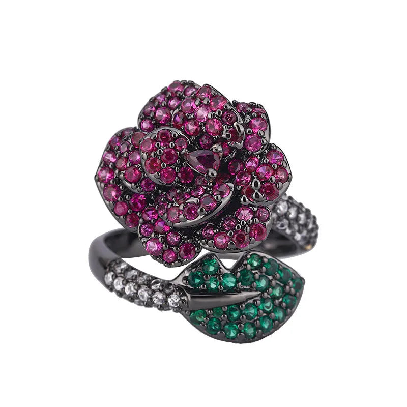 Black gold geometric flower ring with simulation red corundum on copper