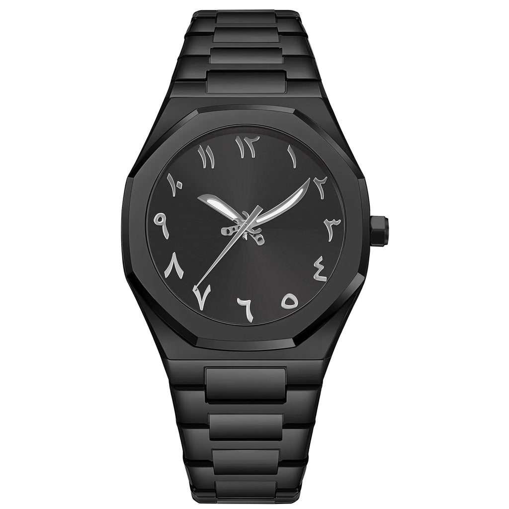 Men's steel band quartz watch with business styling in black, silver, and black silver colour options