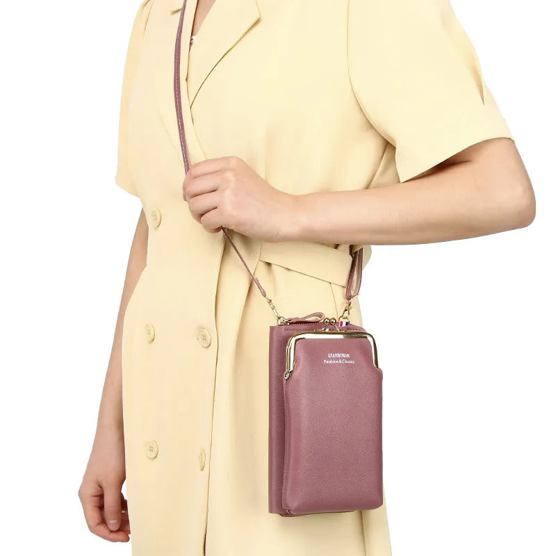 Women's vertical crossbody mobile phone bag in PU leather, black colour, with letter print and coin pocket