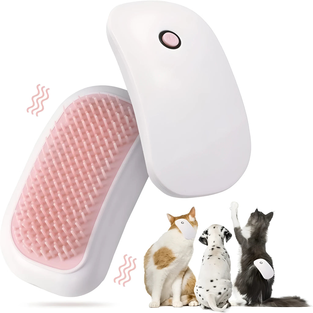 Pink handheld electric pet massage brush with soft TPE teeth on a white background.