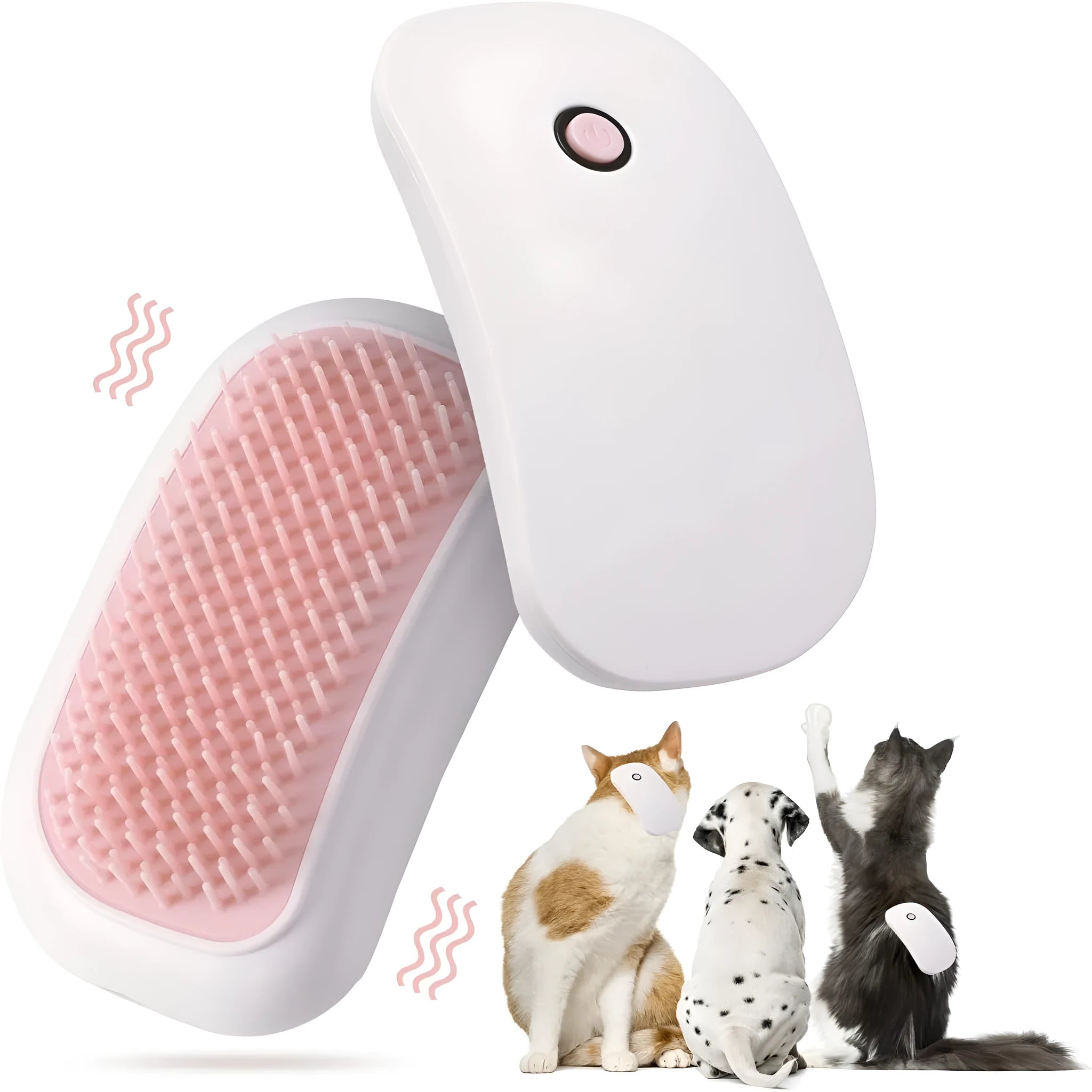 Pink handheld electric pet massage brush with soft TPE teeth on a white background.