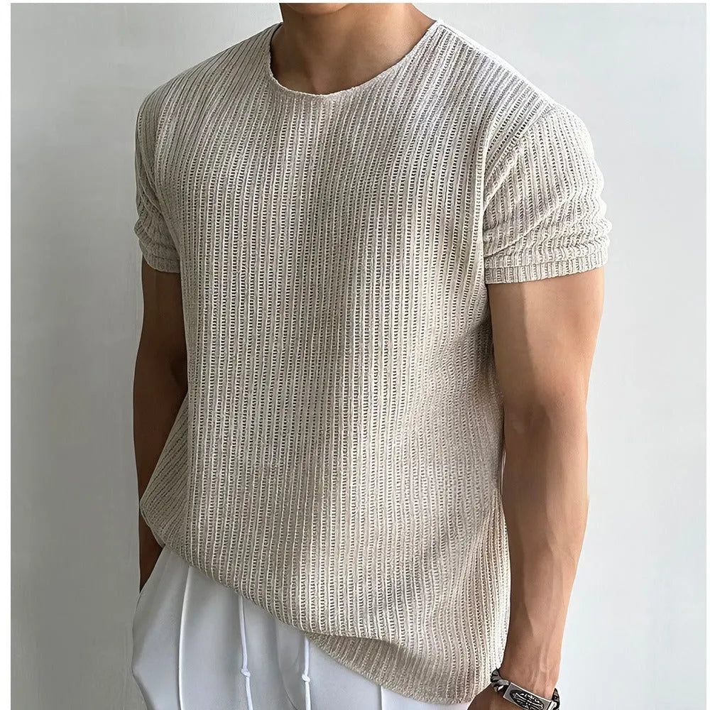 Men's breathable short-sleeve round neck T-shirt in apricot, loose fit polyester fabric