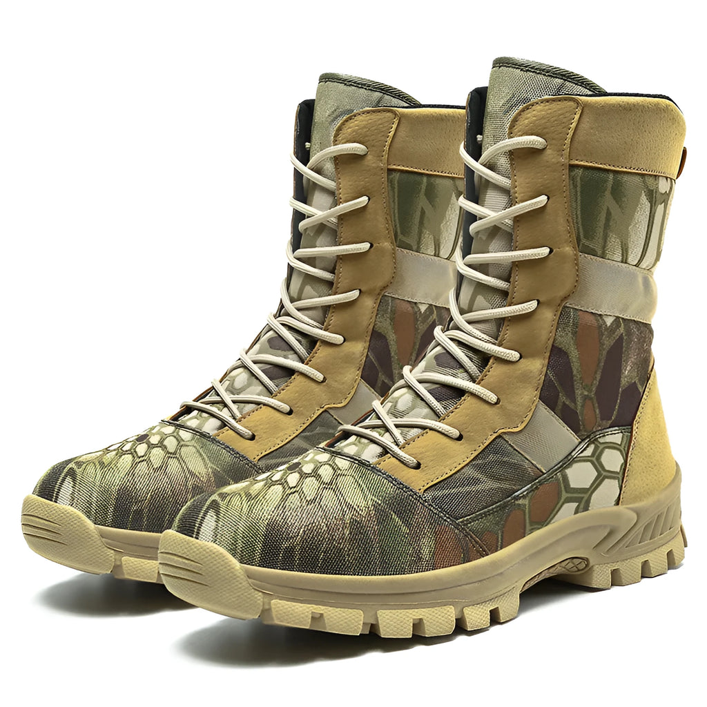 Plus size men's black and camouflage Martin boots with mesh upper and totem detailing