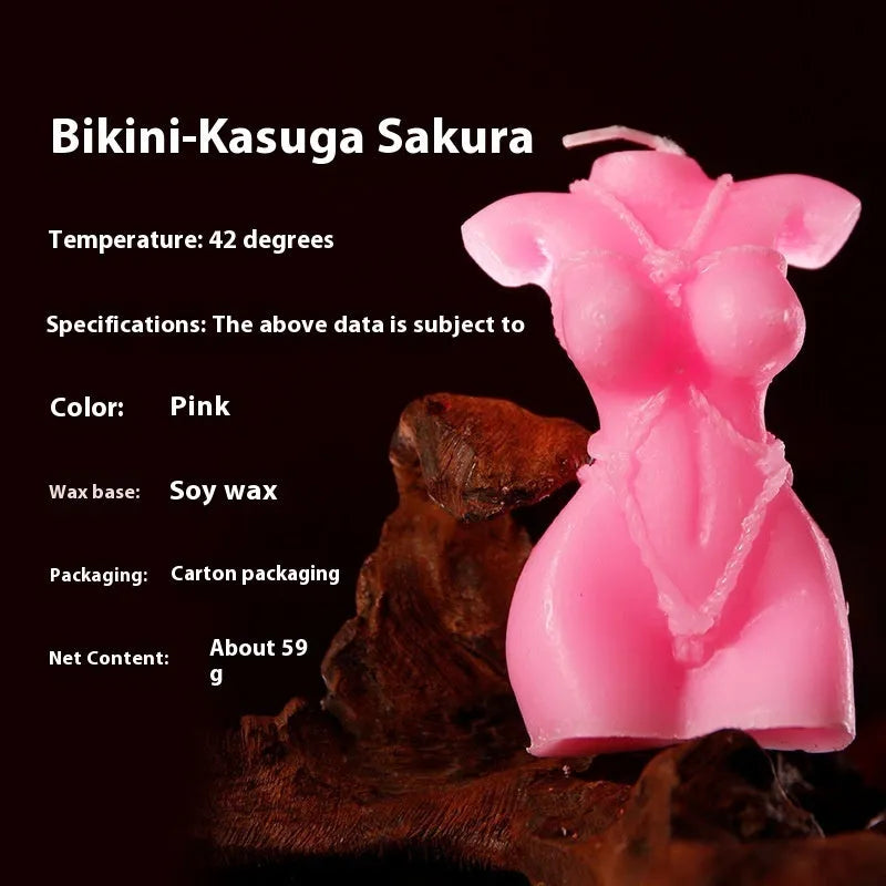 Bikini-shaped low temperature massage candle in rose red, spring pink, or lilac purple.
