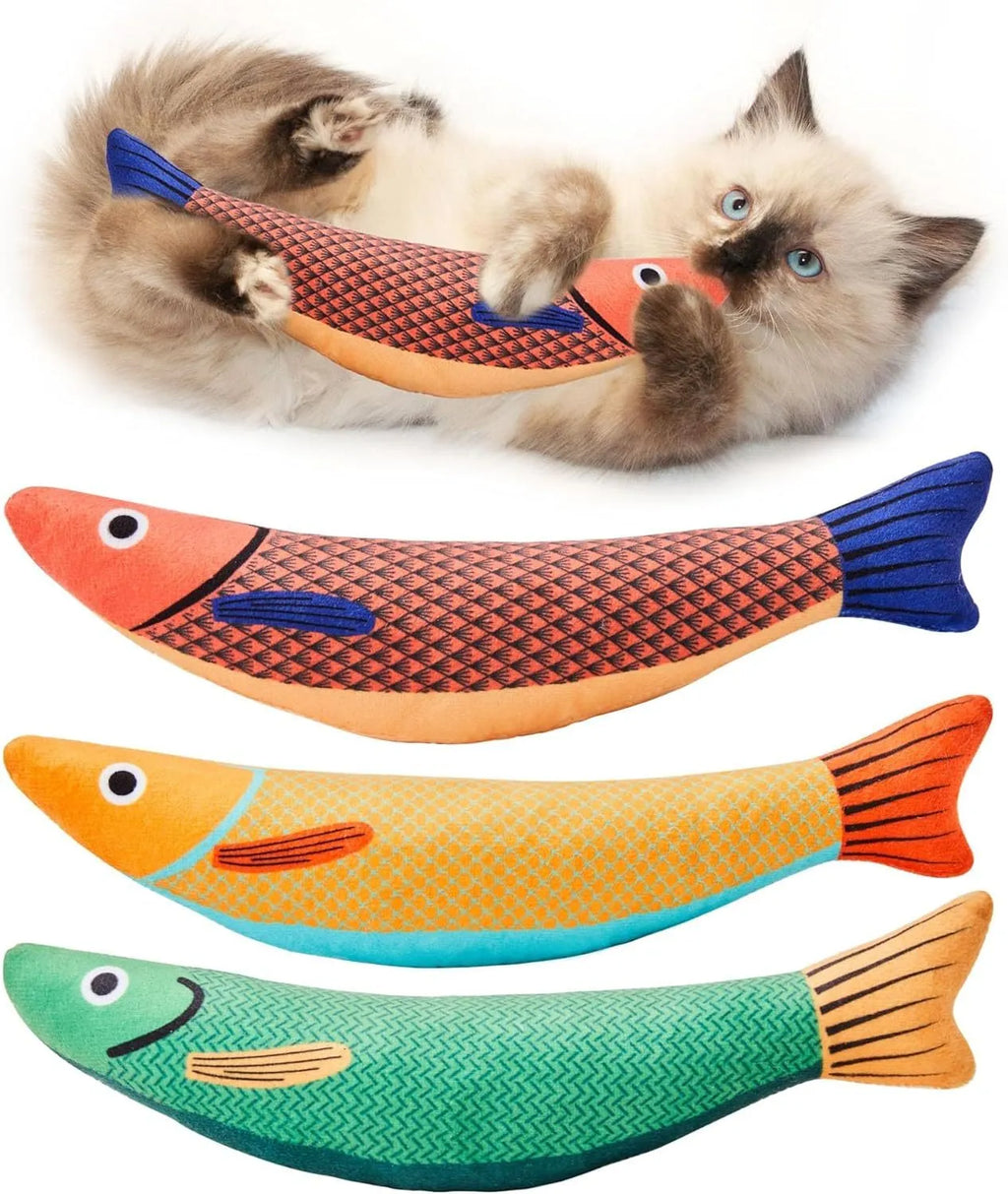 Catnip fish kicker toy in green, orange, or yellow with soft plush and cotton construction