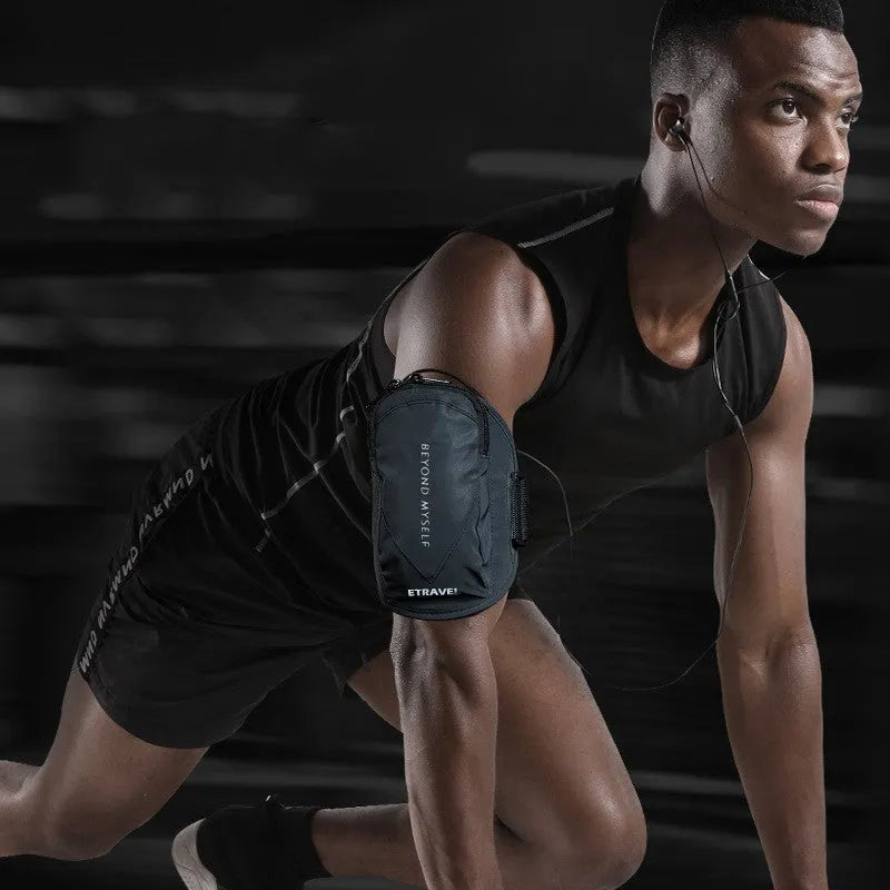 Running arm bag worn on arm with reflective strip, showing smartphone compartment and adjustable strap