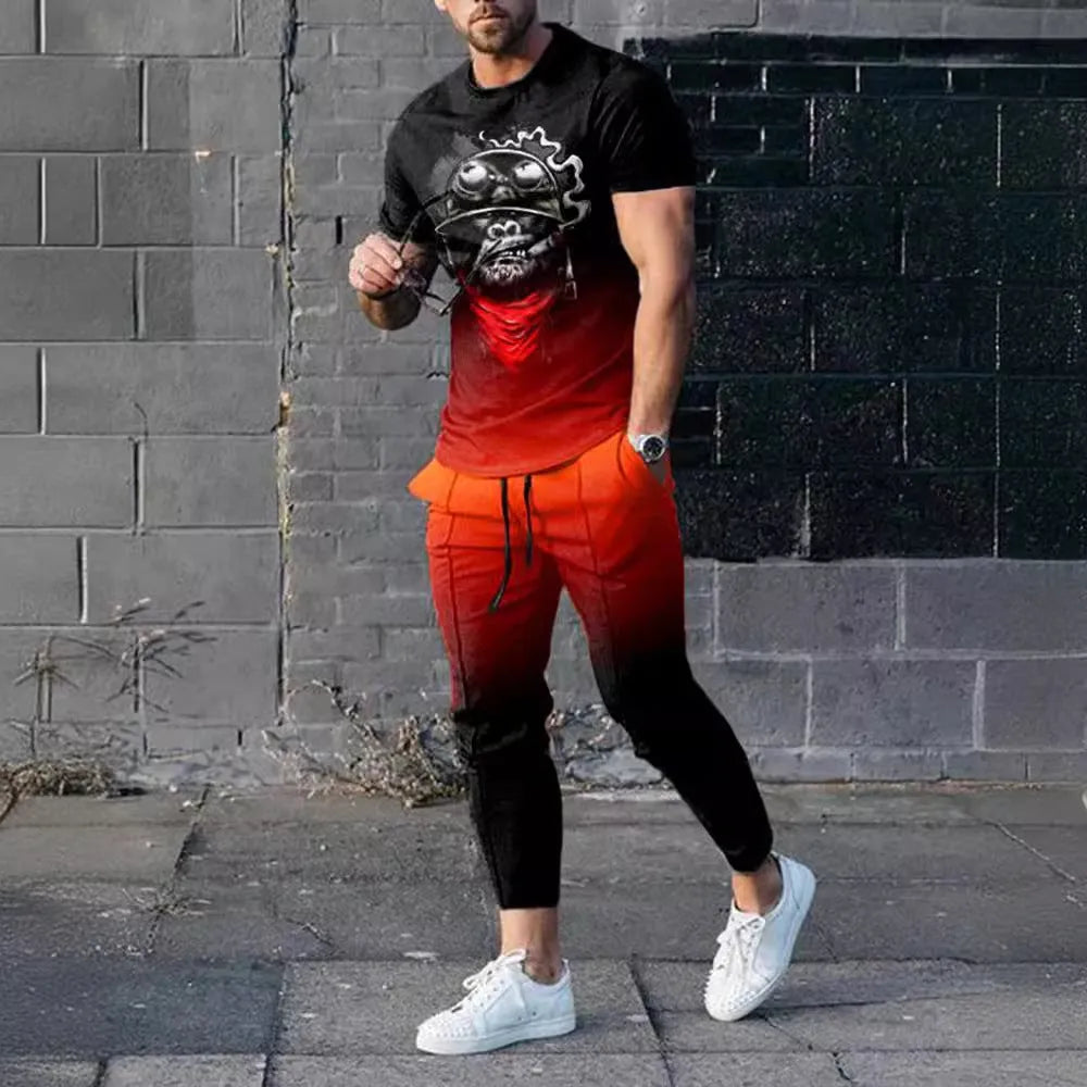 Men's lightweight polyester sports tracksuit set with short sleeve top and trousers on a mannequin.
