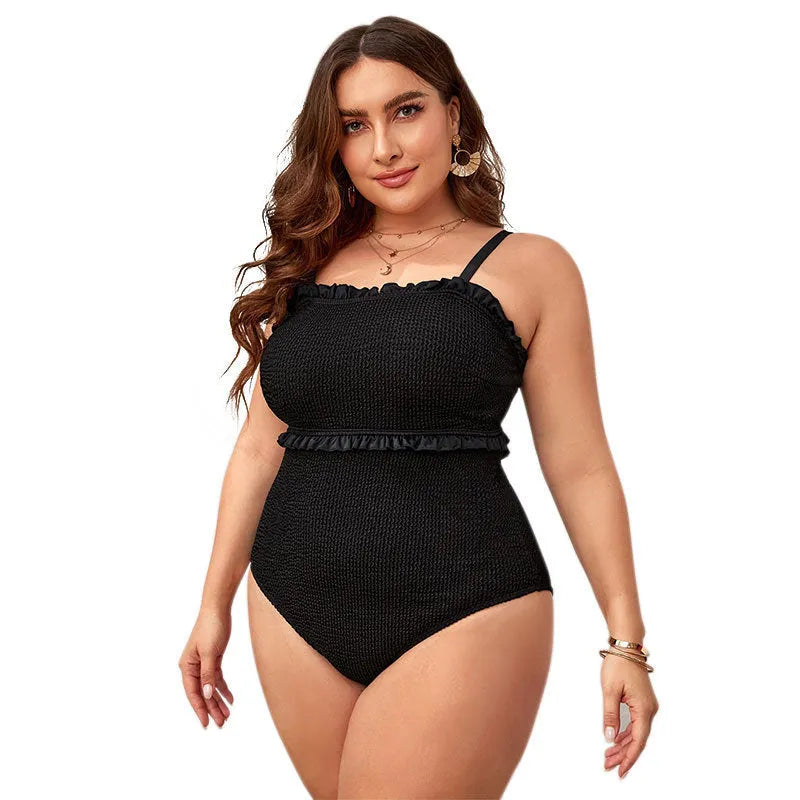 Black plus size women's bikini swimsuit with triangle top and double shoulder straps