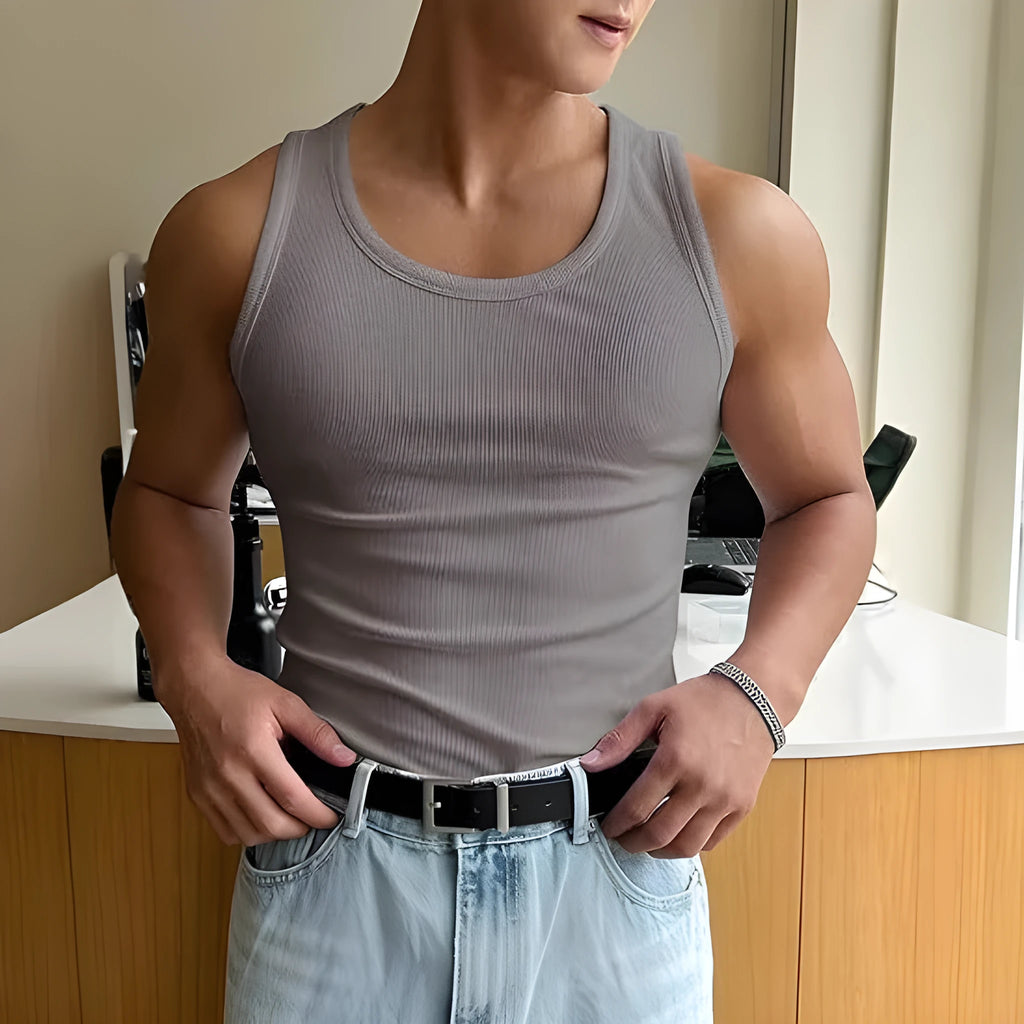 Men's tight-fit round neck sports T-shirt in black, shown from the front.