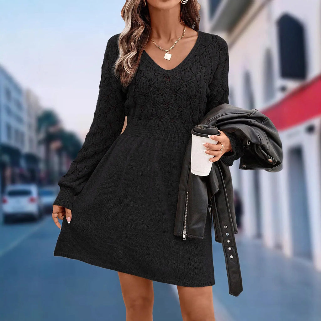 Long sleeve V-neck beach dress with high waist, midi skirt, and artistic 3D pattern in acrylic fabric.