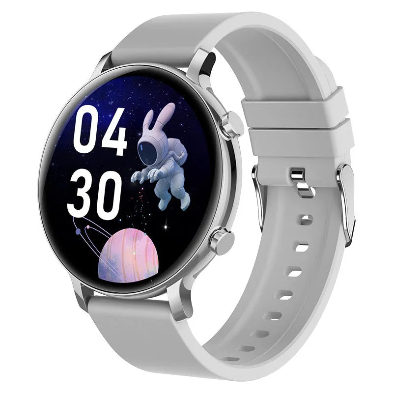 Black Bluetooth smartwatch with stainless steel strap on a wrist, showing call and health stats on screen.