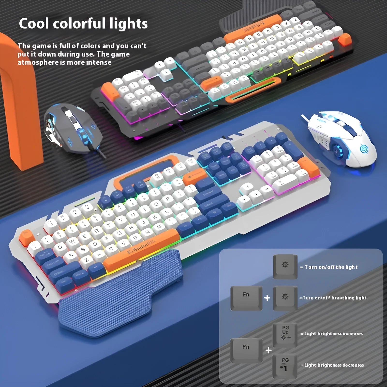Blue wired gaming keyboard and mouse set with backlighting on desk