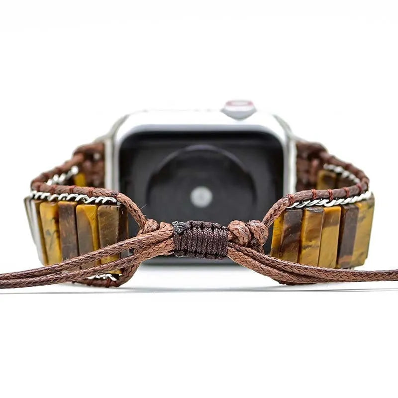 Men's textile watch strap with rectangular tiger eye stone chain, adjustable for 6.5-8.8cm wrists