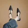 Women's pointed toe high heels in cowhide leather, black and brown colour options