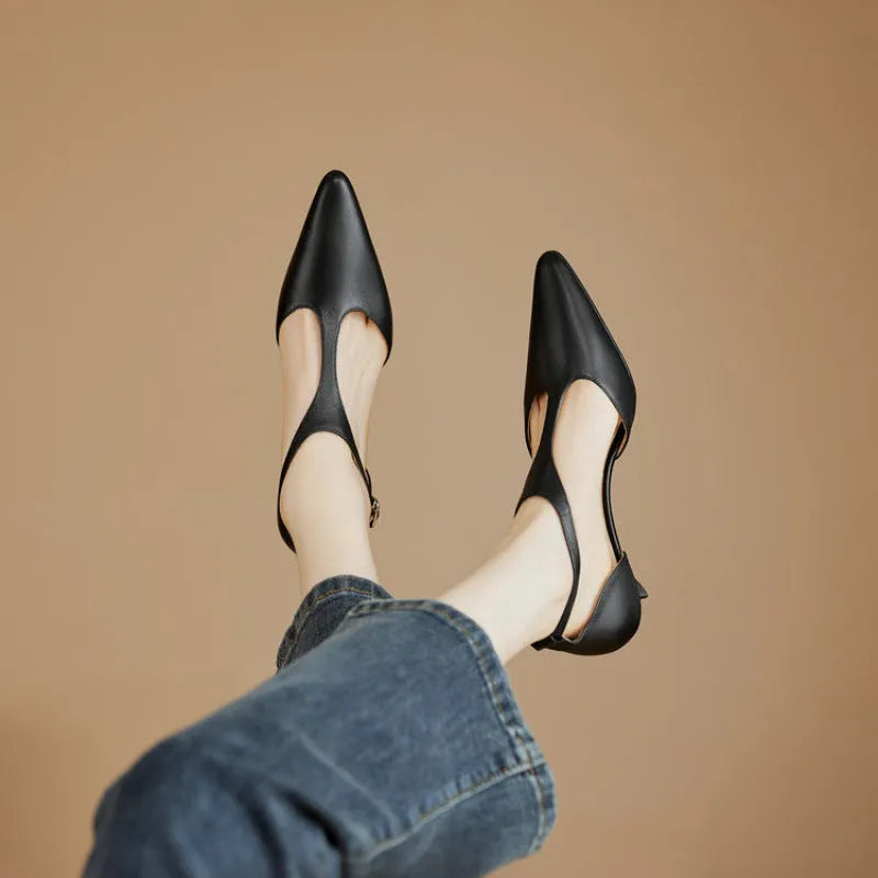 Women's pointed toe high heels in cowhide leather, black and brown colour options