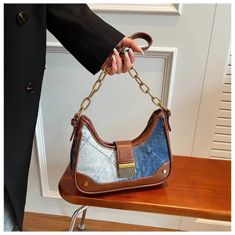 Brown denim women's bucket shoulder bag with diamond mesh patterns and chain details