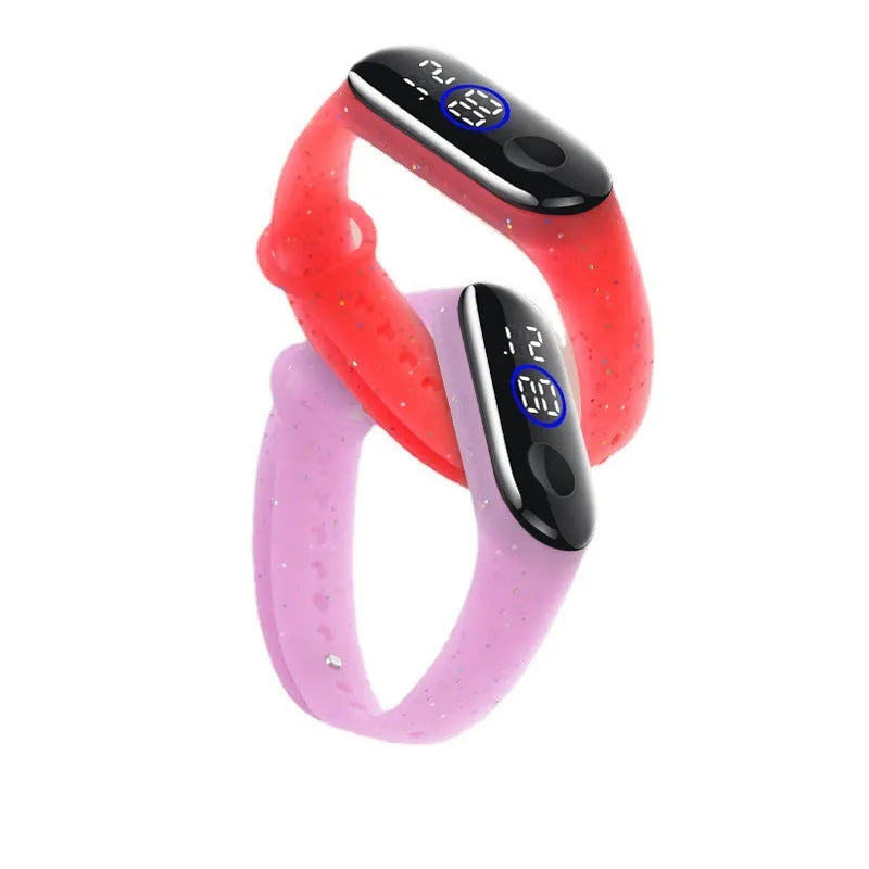 Boys electronic digital bracelet watch with 50m waterproof, rectangular dial, silicone strap, plastic case, touch operation