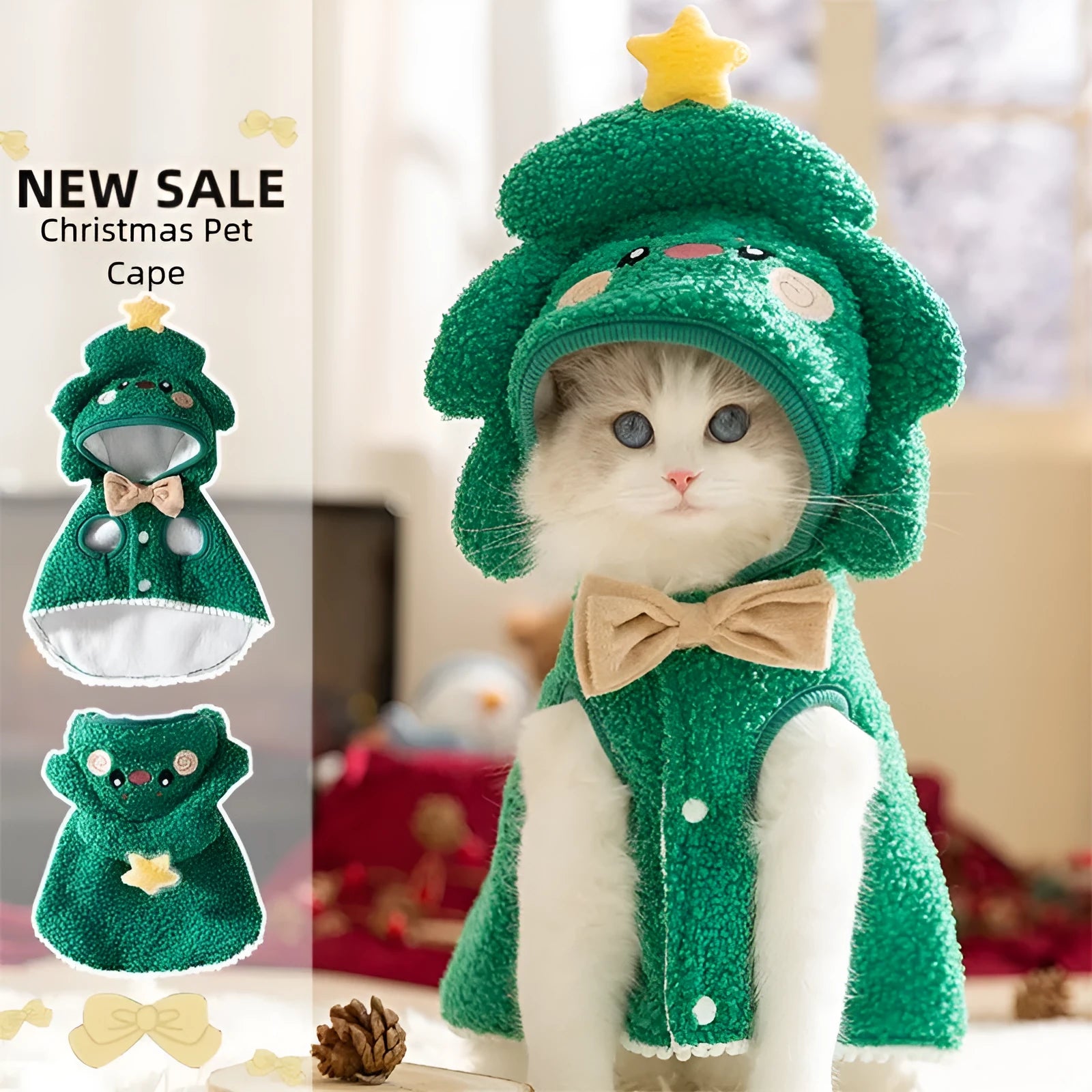 Green granular velvet cat cape with Christmas tree hat and star, lying on a white background