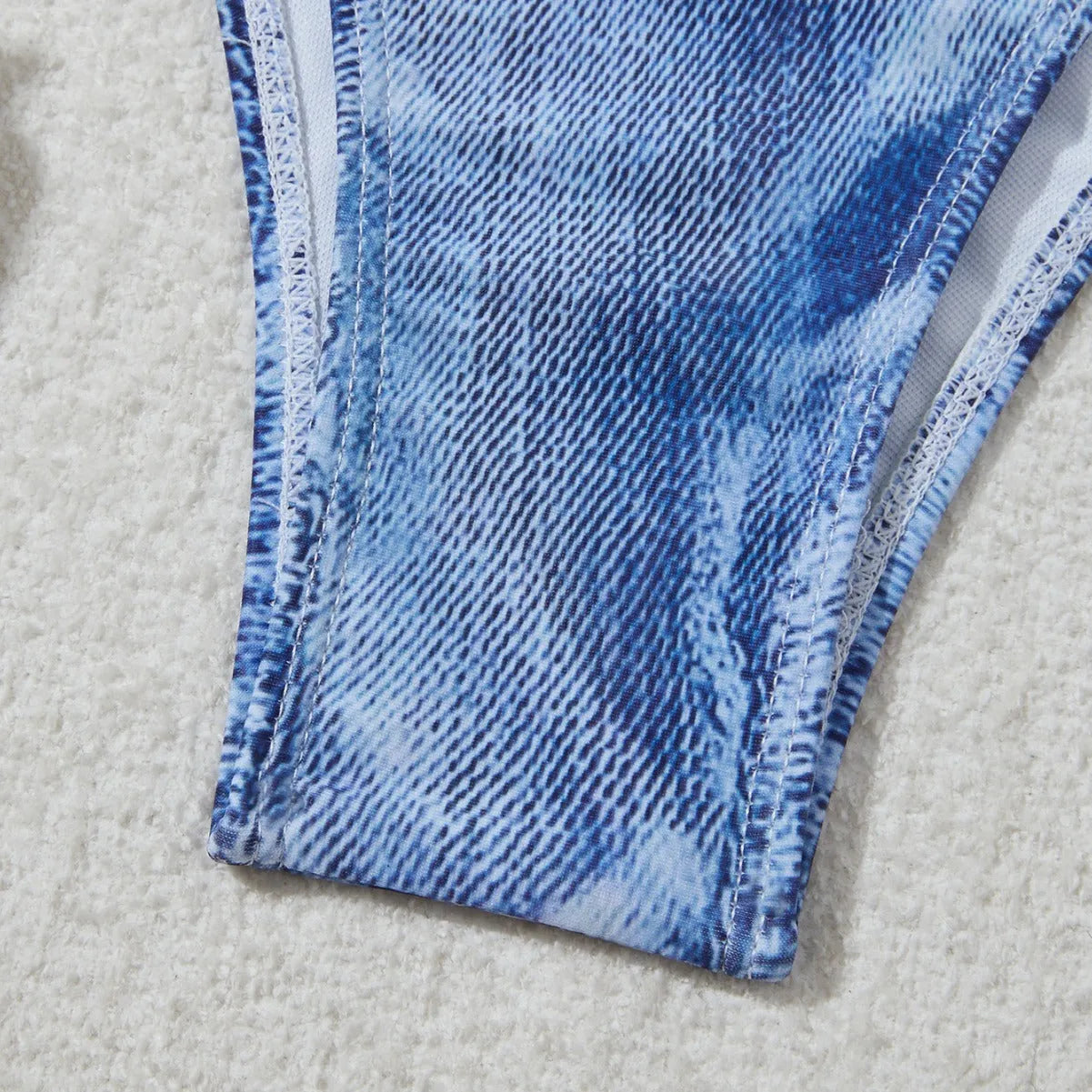 Women's denim blue printed bikini with strap design showing front and back views