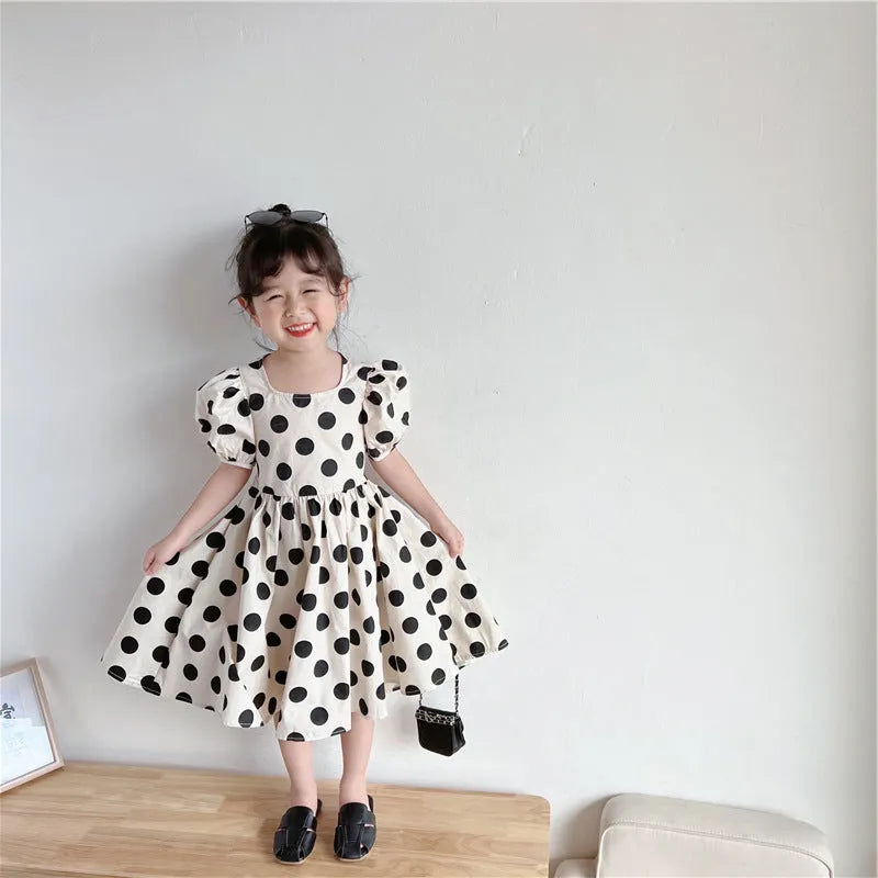 Girls' polka-dot self-tie waist cotton summer dress in graph colour with short sleeves and princess style