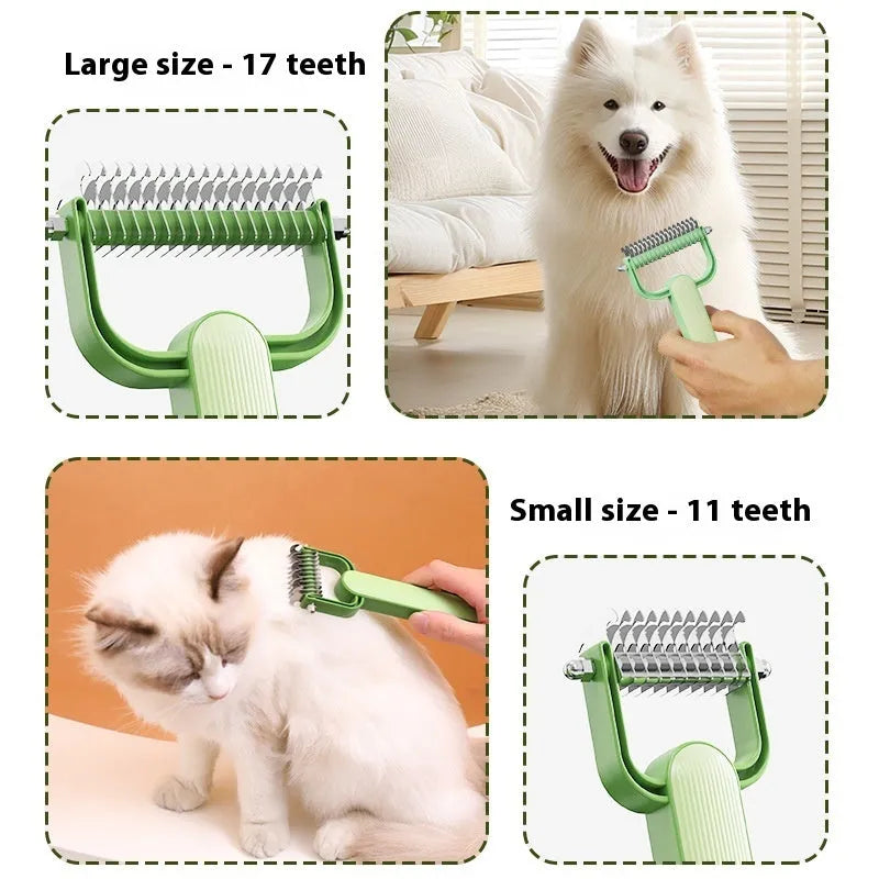 Green pet detangling comb with stainless steel teeth and plastic handle
