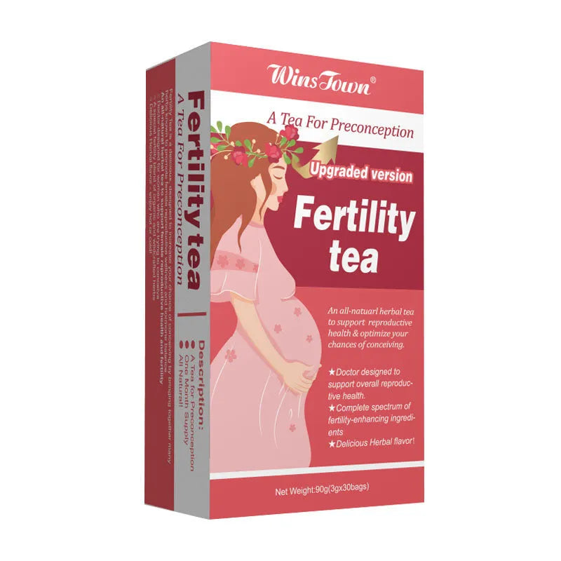 Box of fertility tea containing 3 packs of 30 herbal tea bags each for reproductive support