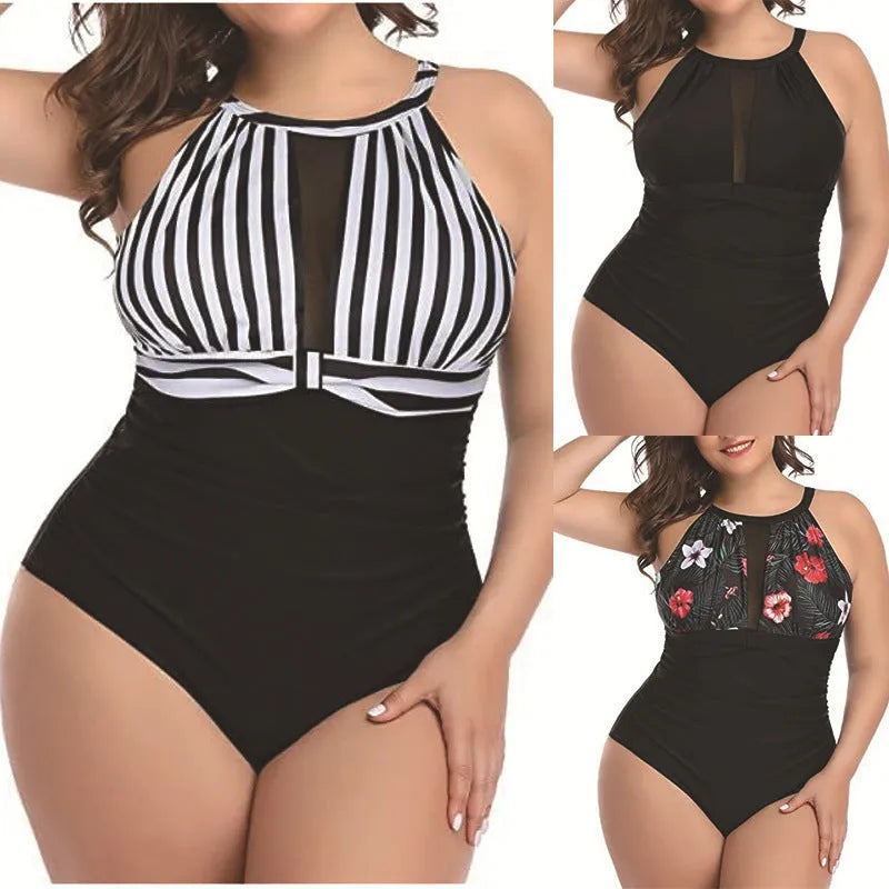 Women's black lace one-piece swimsuit shown next to striped and red floral pattern variants on a mannequin.