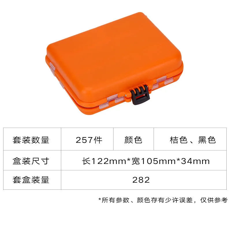 Orange or black ABS tackle box containing 257 fishing lure accessories including hooks, sinkers, and swivels