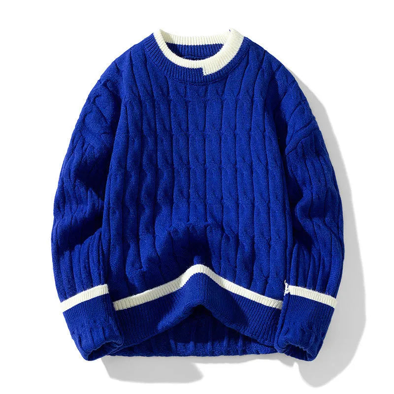 Men's loose fit grey pullover sweater with long sleeves on a hanger.