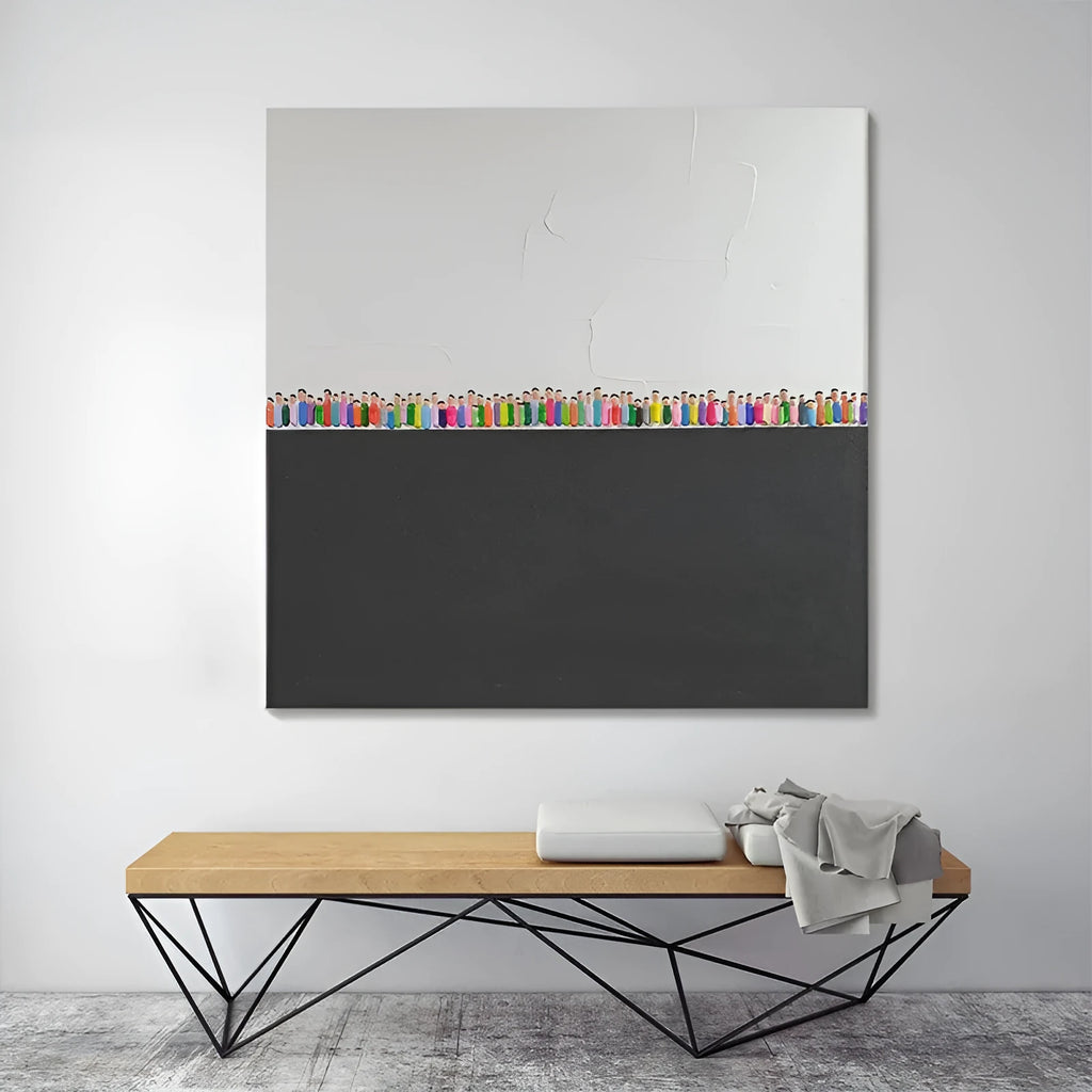 Hand painted modern abstract oil painting on canvas with textured character design in square format for living room wall art
