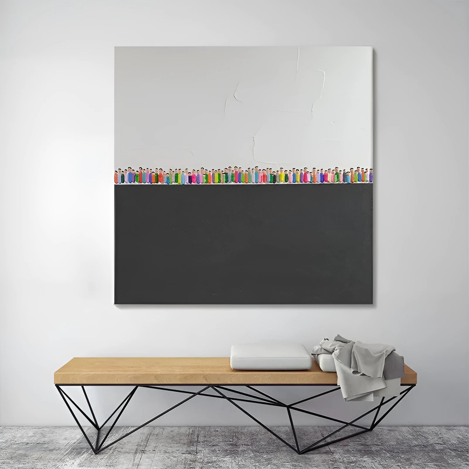 Hand painted modern abstract oil painting on canvas with textured character design in square format for living room wall art
