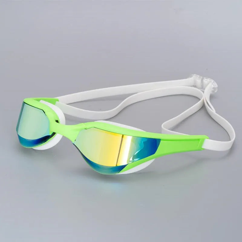 Adult swimming goggles with anti-fog HD lenses and a black silicone seal, shown with a plastic mirror case.