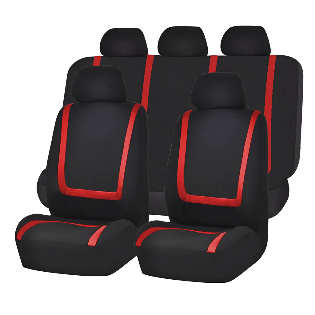 Universal car seat cover set shown in beige and black colour combination with headrest and seat cushion pieces displayed