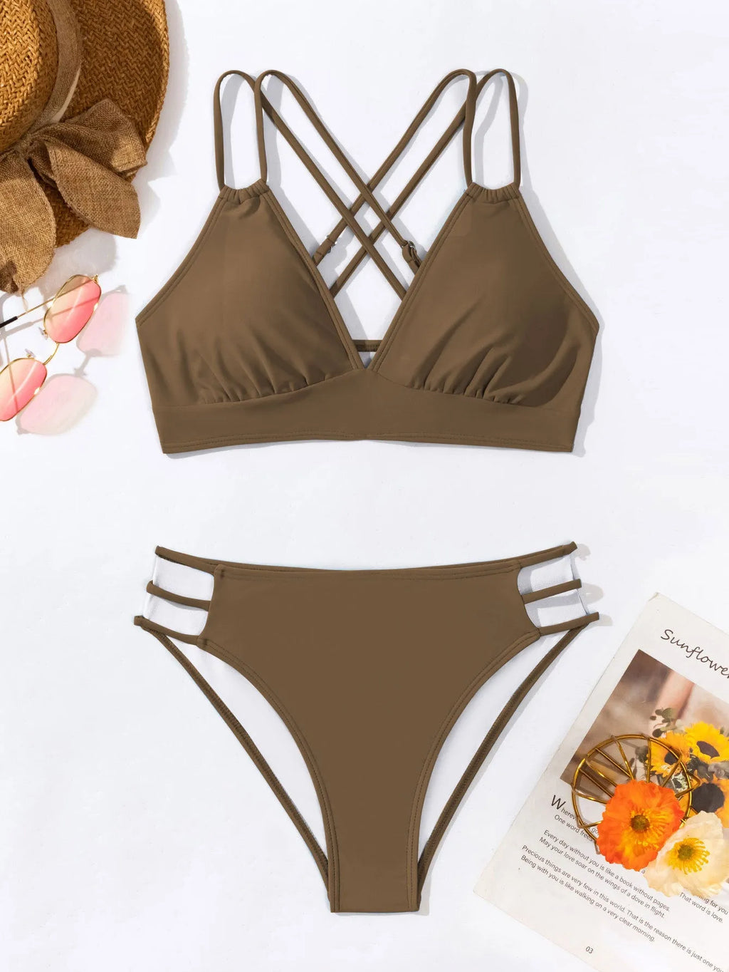 Women's black v-neck halter bikini two-piece swimsuit on a mannequin