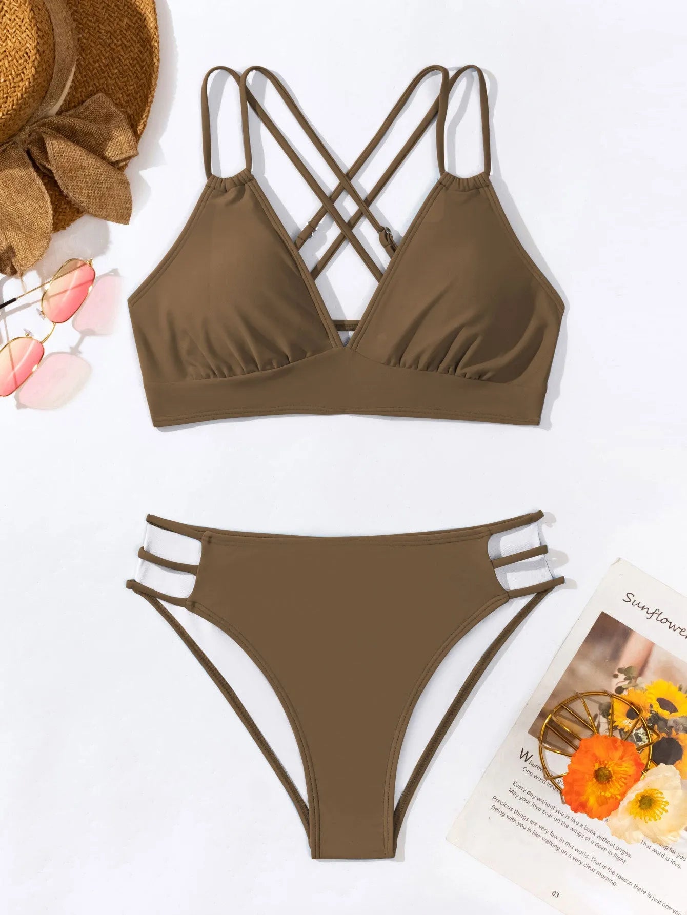 Women's black v-neck halter bikini two-piece swimsuit on a mannequin