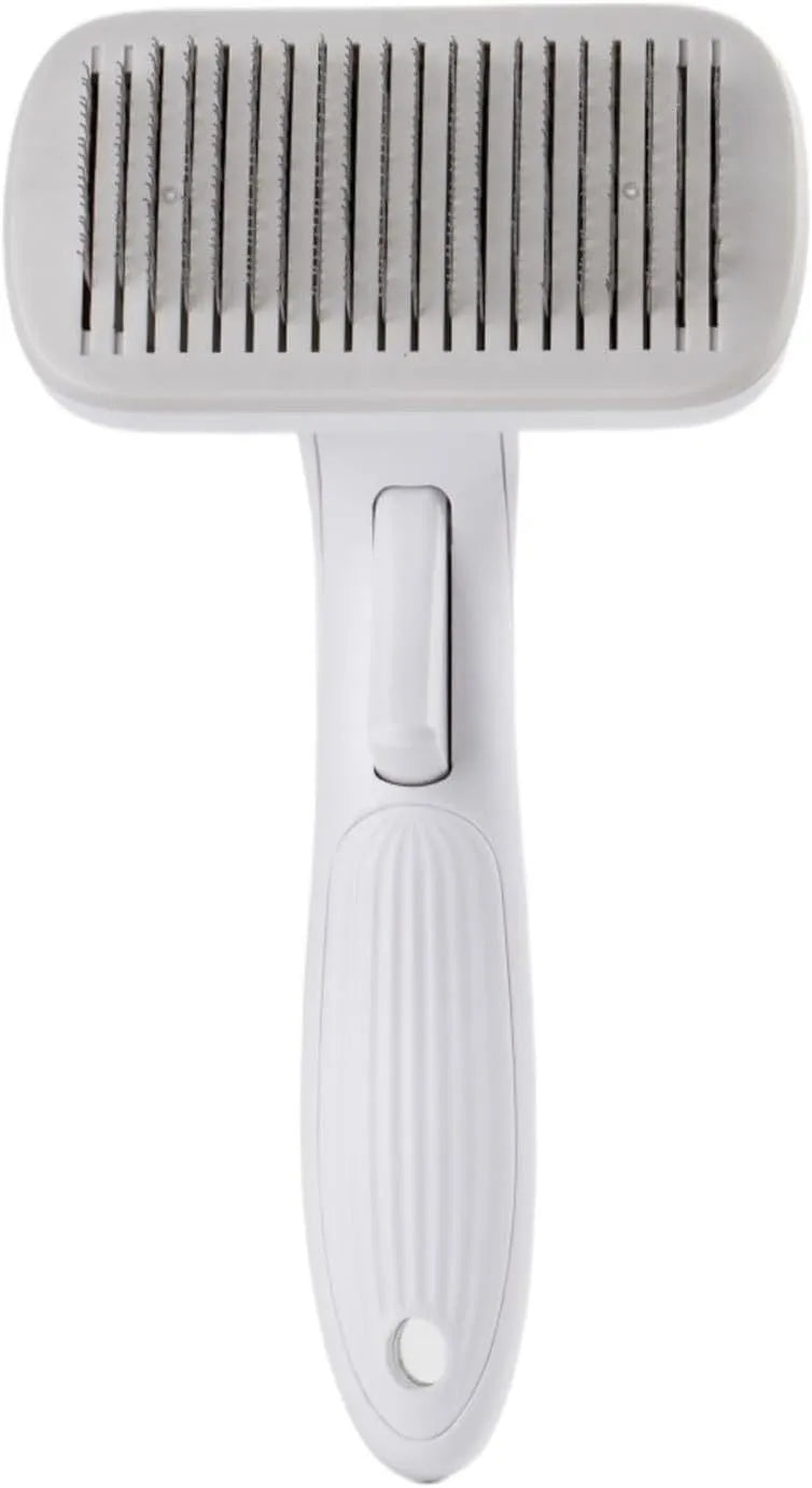 Automatic pet hair removal comb for dogs and cats in blue, grey, green, or pink.