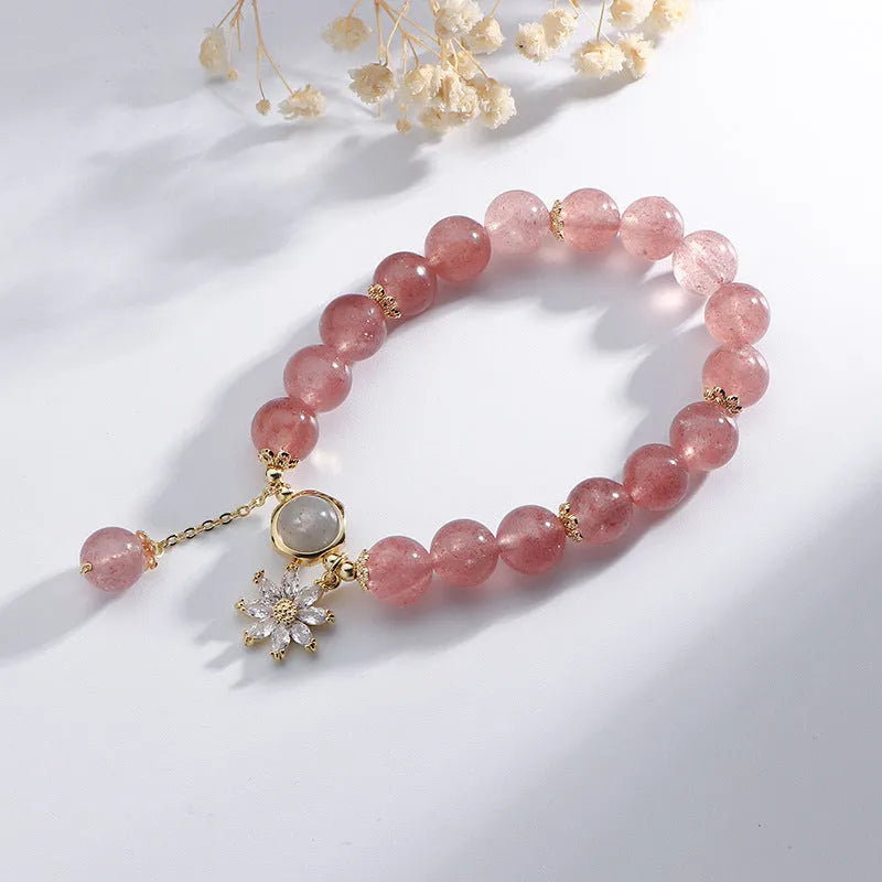 Strawberry quartz crystal bracelet with floral bead designs in Korean Mori style