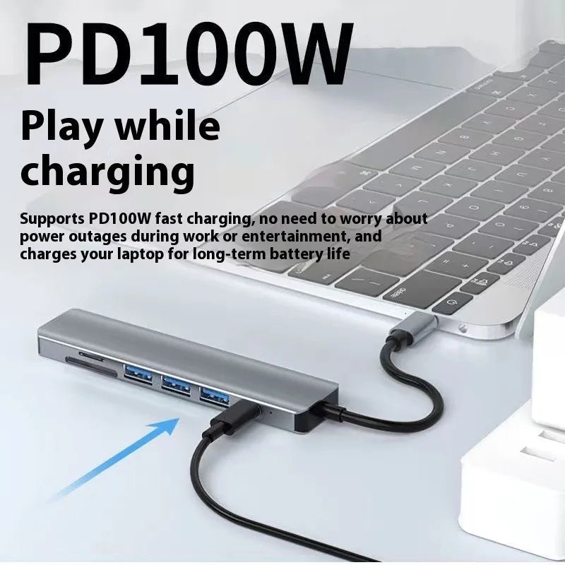 USB-C 7-in-1 expansion dock with HDMI port, USB 3.0 ports, and 15cm cable for laptop connectivity