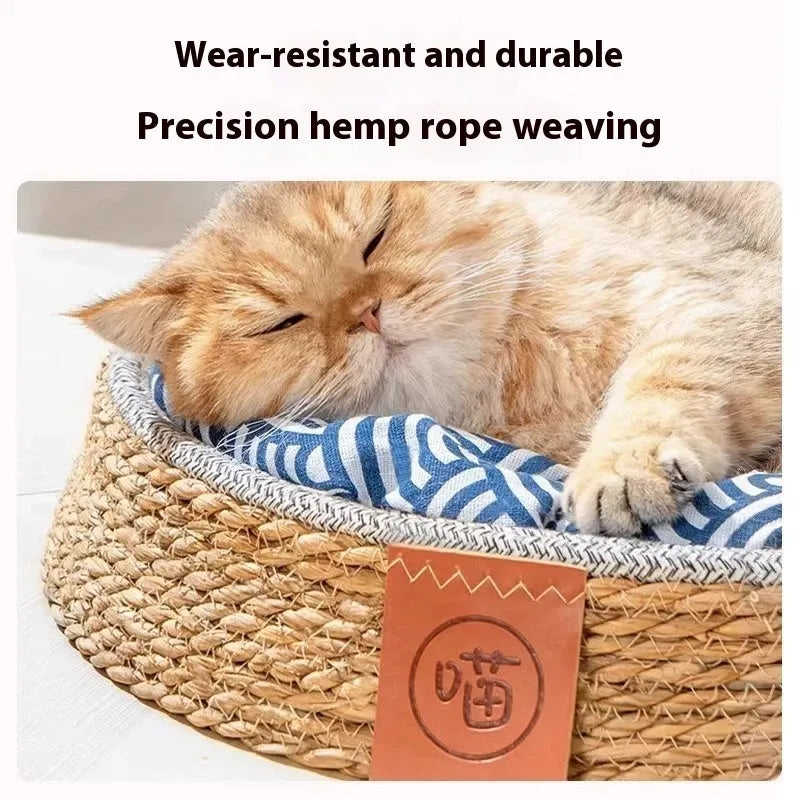 Natural rattan cat nest with woven construction shown in pet bed setup