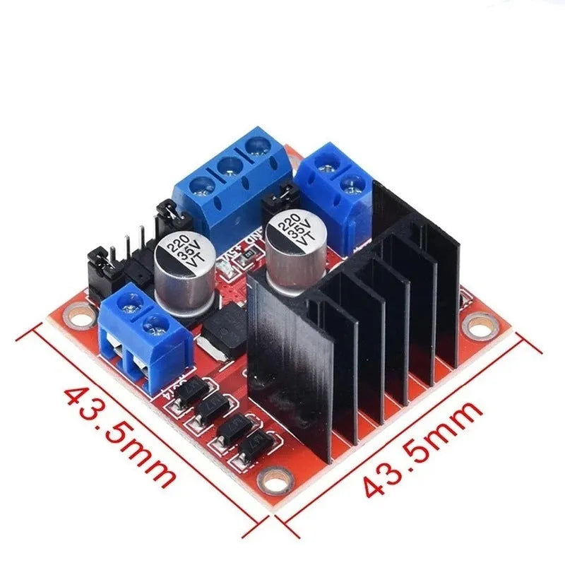 L298N motor driver board module with dual H-bridge circuitry for DC and stepper motor control
