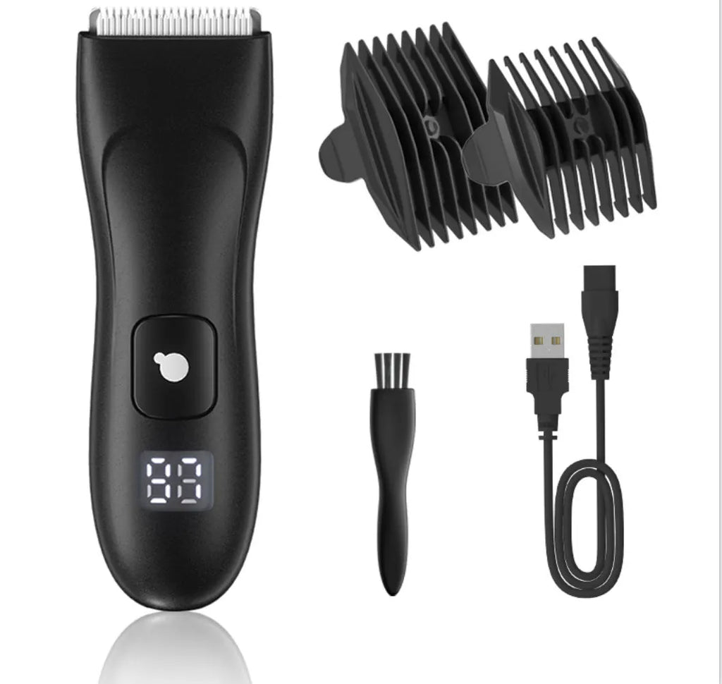 Women's rechargeable bikini body shaver with positioning combs and charging base, black SMT030