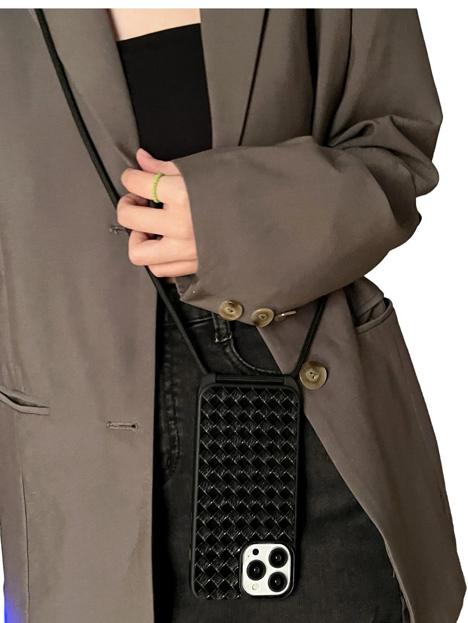 Black imitation leather woven pattern cross-body lanyard phone case for iPhone 14 13 12 series