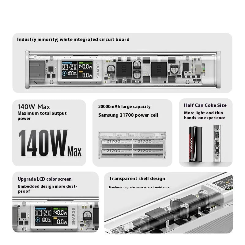 Transparent plastic power bank with 20000mAh capacity, fast charging, industrial style, black and white colour options